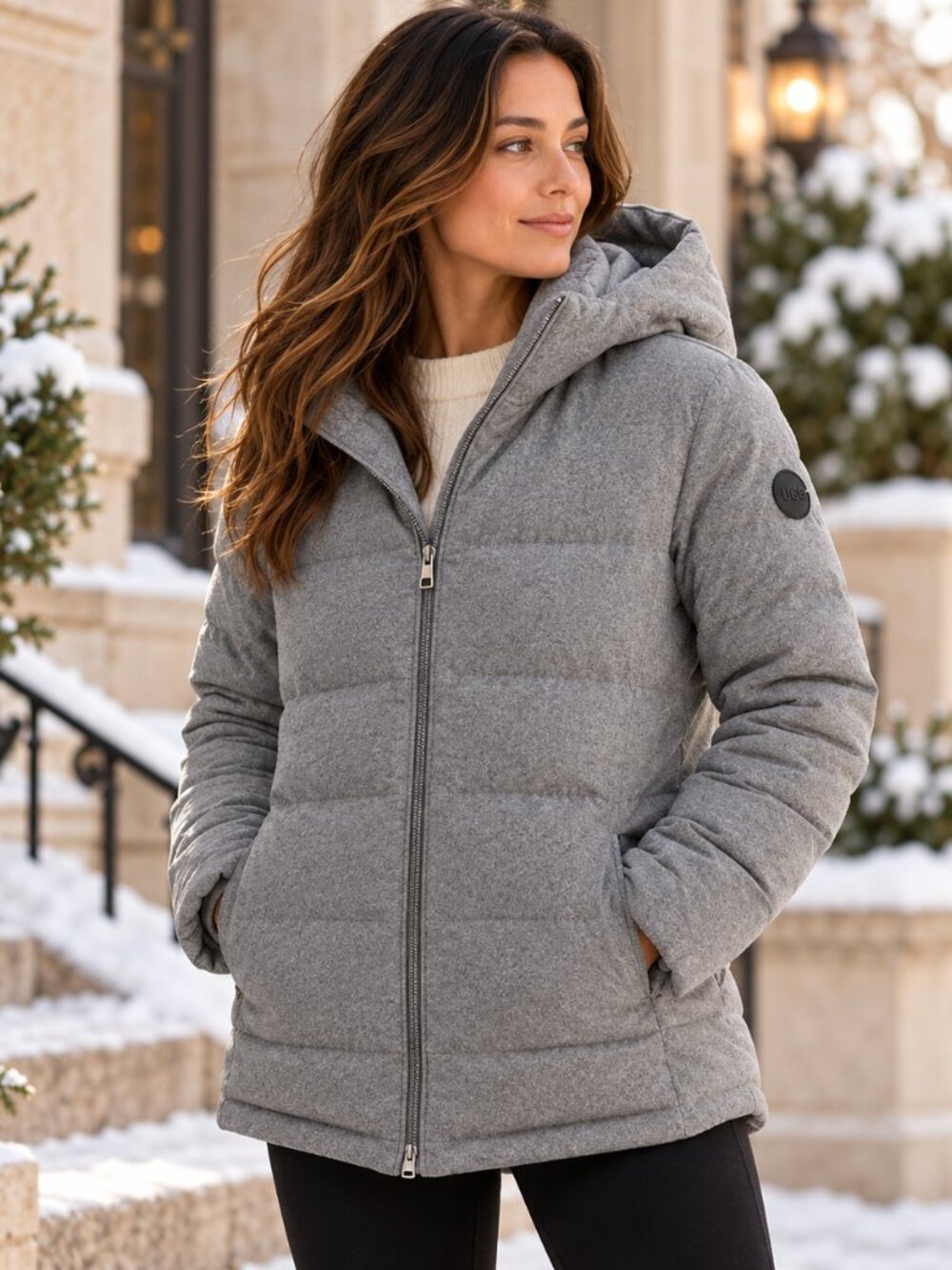 UGG Talia Womens M Wool Down Puffer Jacket Gray Hooded Quilted Winter Coat